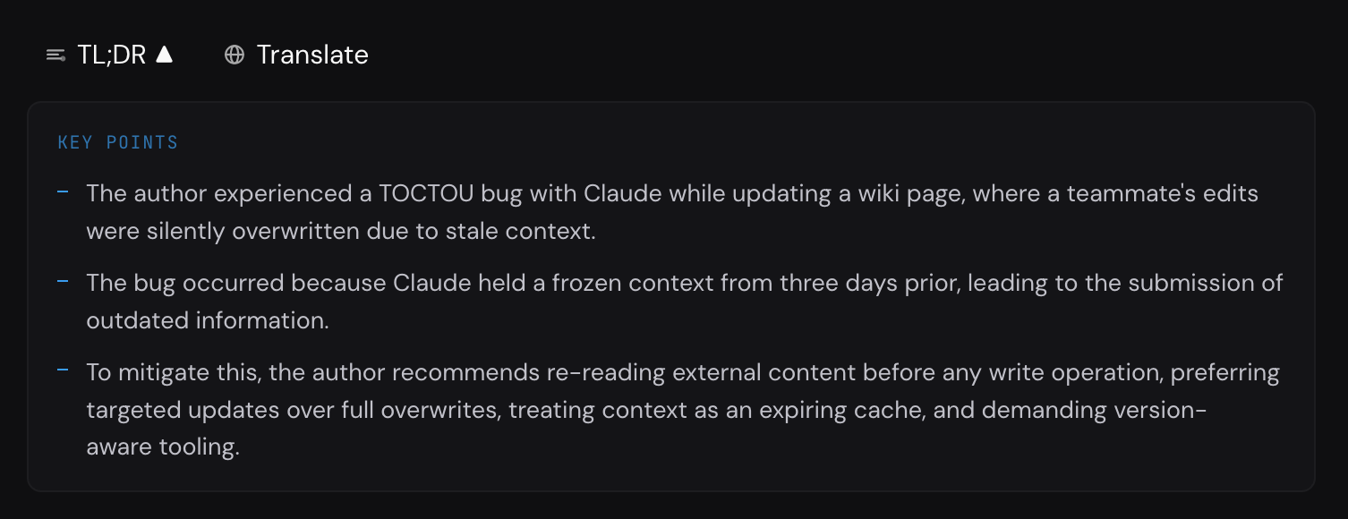 The TL;DR panel expanded beneath the post header, showing three key point bullets summarized from the article