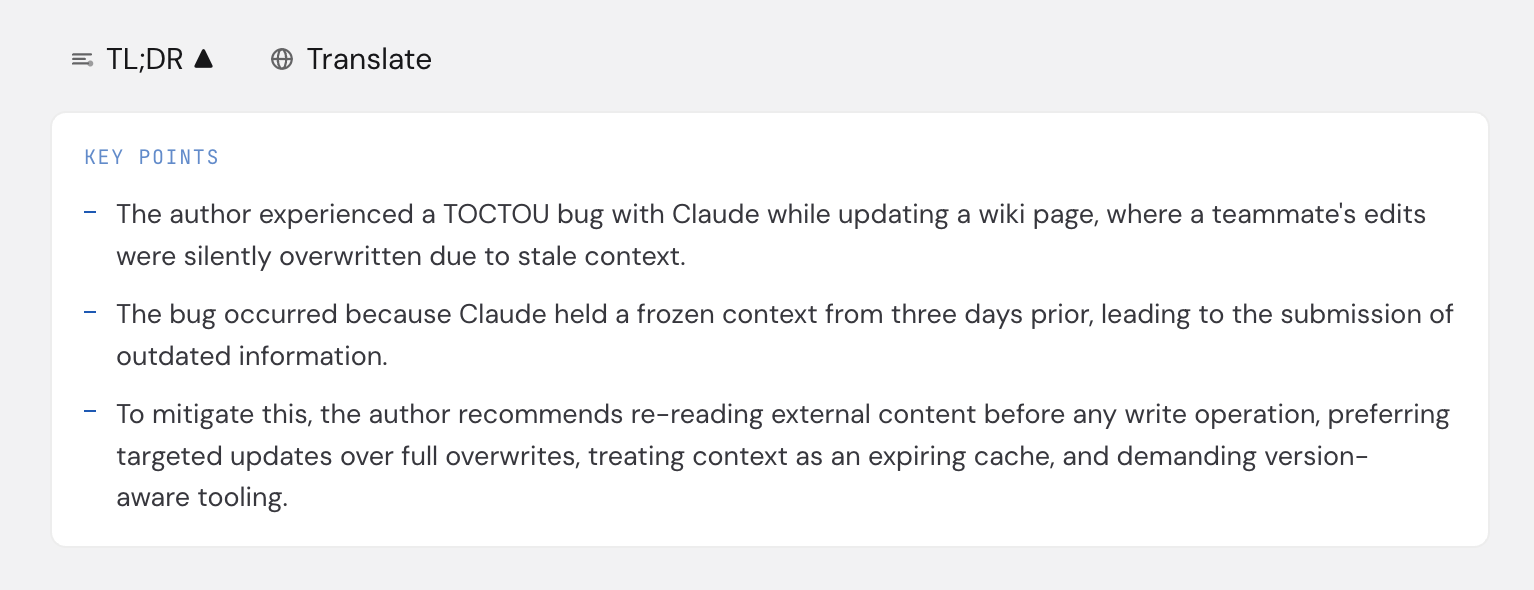 The TL;DR panel expanded beneath the post header, showing three key point bullets summarized from the article