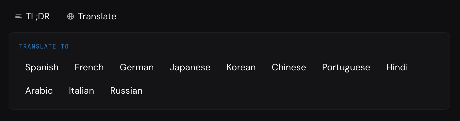The Translate panel showing eleven language options including Spanish, French, German, Japanese, Korean, Chinese, Portuguese, Hindi, Arabic, Italian, and Russian