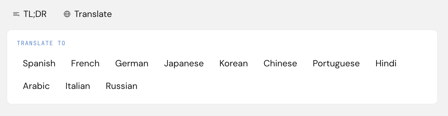 The Translate panel showing eleven language options including Spanish, French, German, Japanese, Korean, Chinese, Portuguese, Hindi, Arabic, Italian, and Russian