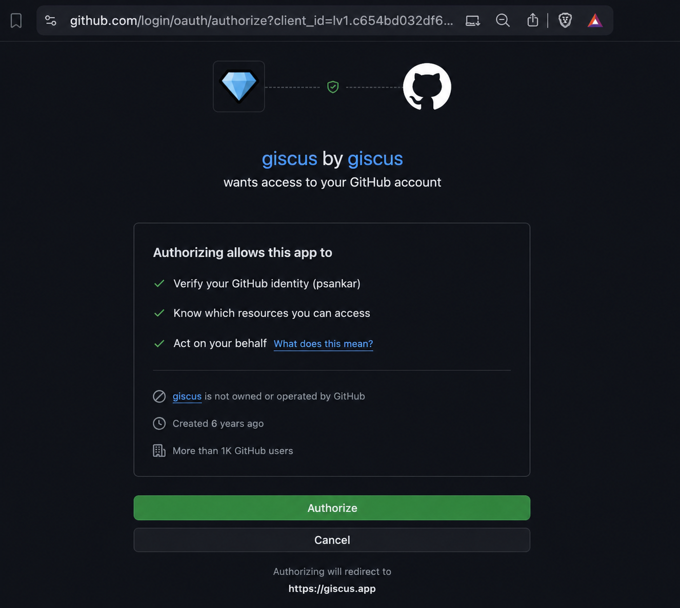 Giscus asking to verify identity, know accessible resources, and act on your behalf before a reader can comment
