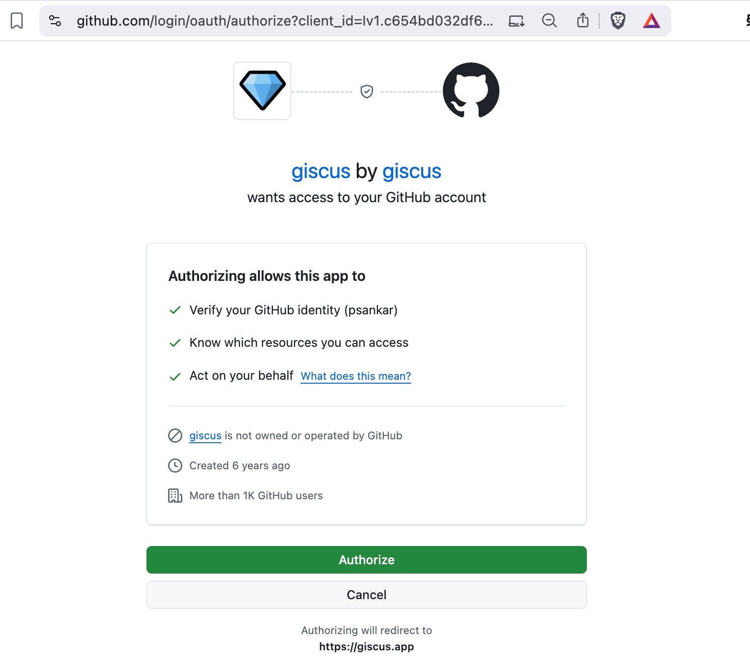 Giscus asking to verify identity, know accessible resources, and act on your behalf before a reader can comment